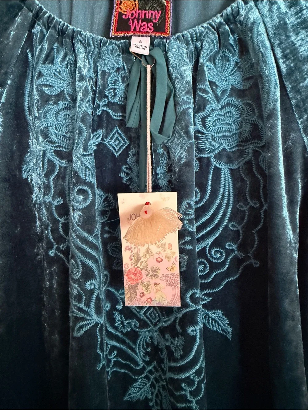Johnny Was Carmel Crushed Velvet Relaxed Blouse Teal Embroidered Size Small NWT